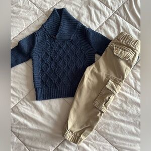 Toddler Cat & Jack Shawl Cable Sweater and Primark Beige Cargo Pants Size 18-24M